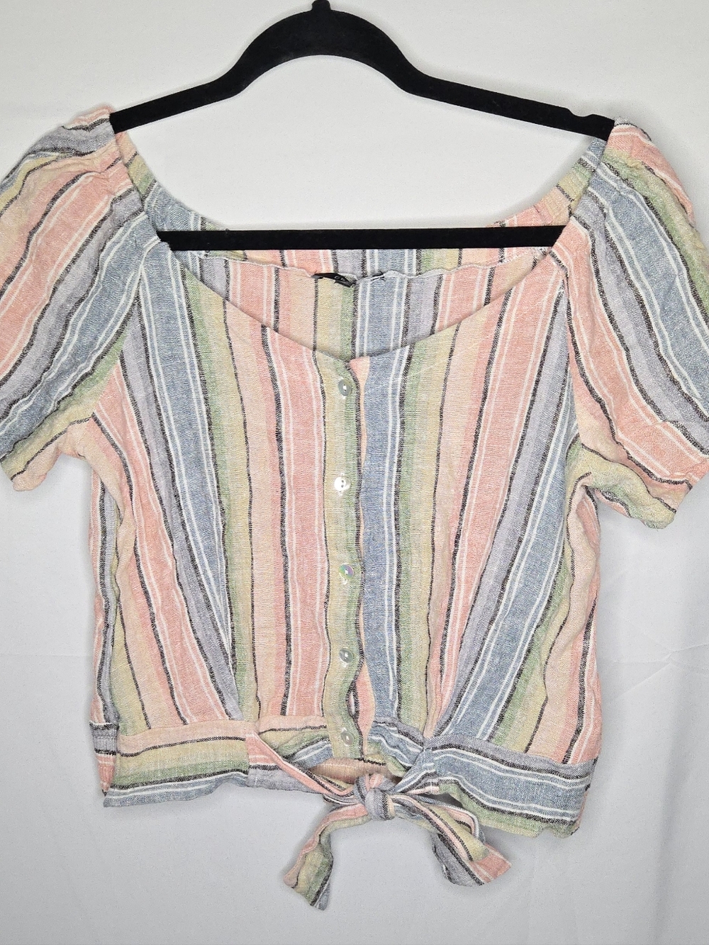 Anthropologie Drew Linen Striped Pastel Rainbow Tie-Front Women’s M Top